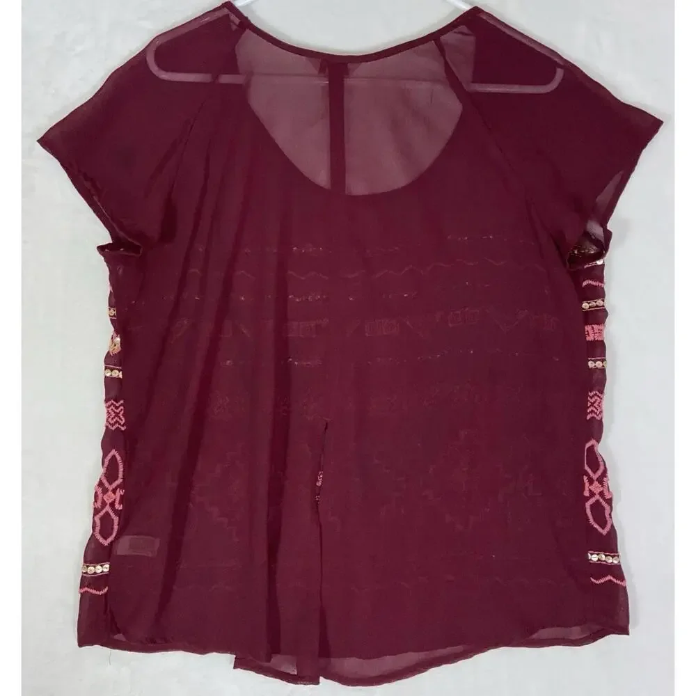 Arizona Jeans Sheer Red Sequined Blouse boho tunic shirt size XL women - Picture 6 of 7